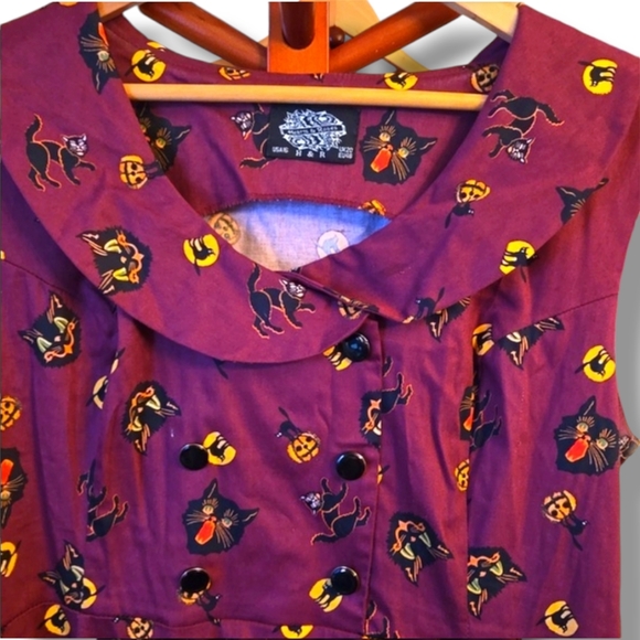 Hearts & Roses Nellie Plus Size Burgundy Halloween Spooky Black Cat Dress - Picture 3 of 9